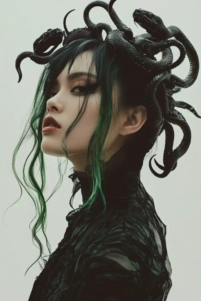 Traje Medusa com cabelo preto em espiral