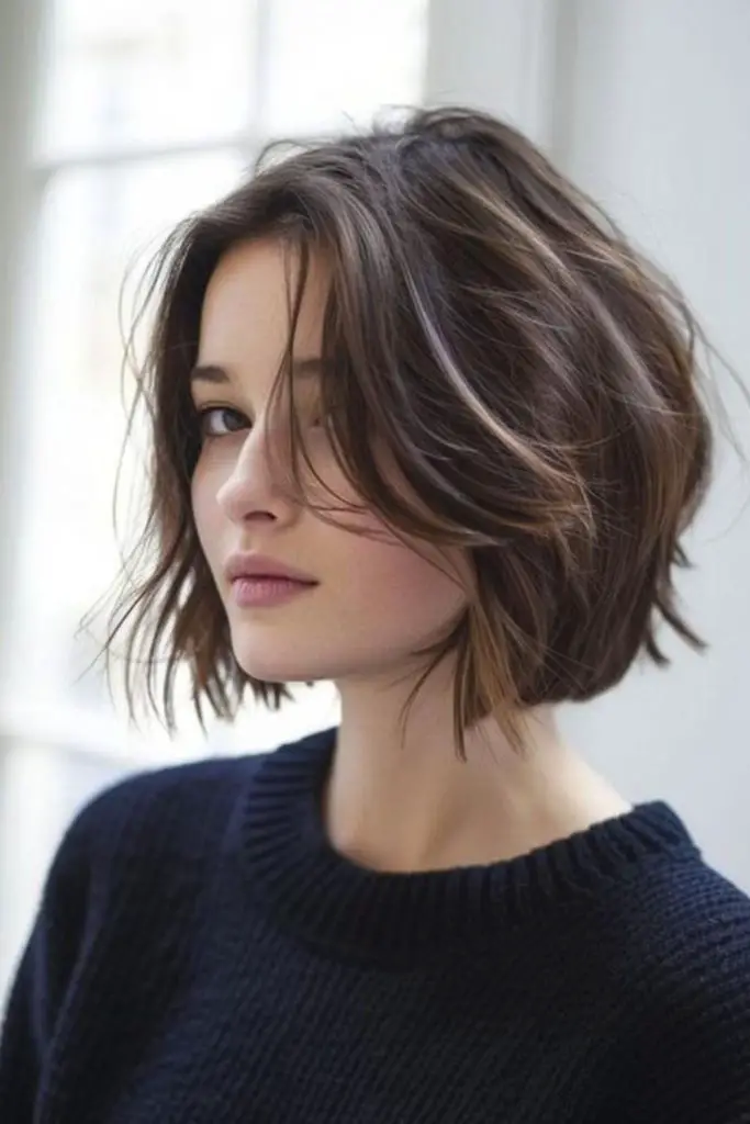 Bob estruturado com brilho gelado.