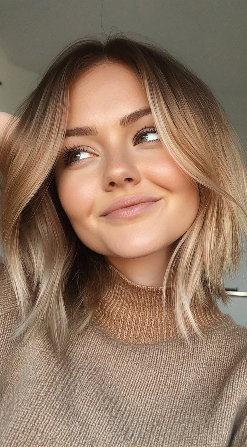 Um bob em ângulo de clavícula com um balayage macio de caramelo, mais longo na frente e mais curto nas costas, estilizado com uma parte central e curvas gentis para fora.