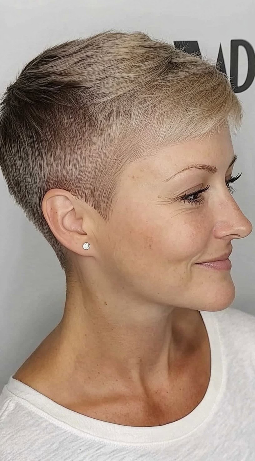 Uma mulher com uma pixie loira de cinzas fria e lados cuidadosamente desbotados está sorrindo suavemente de perfil.