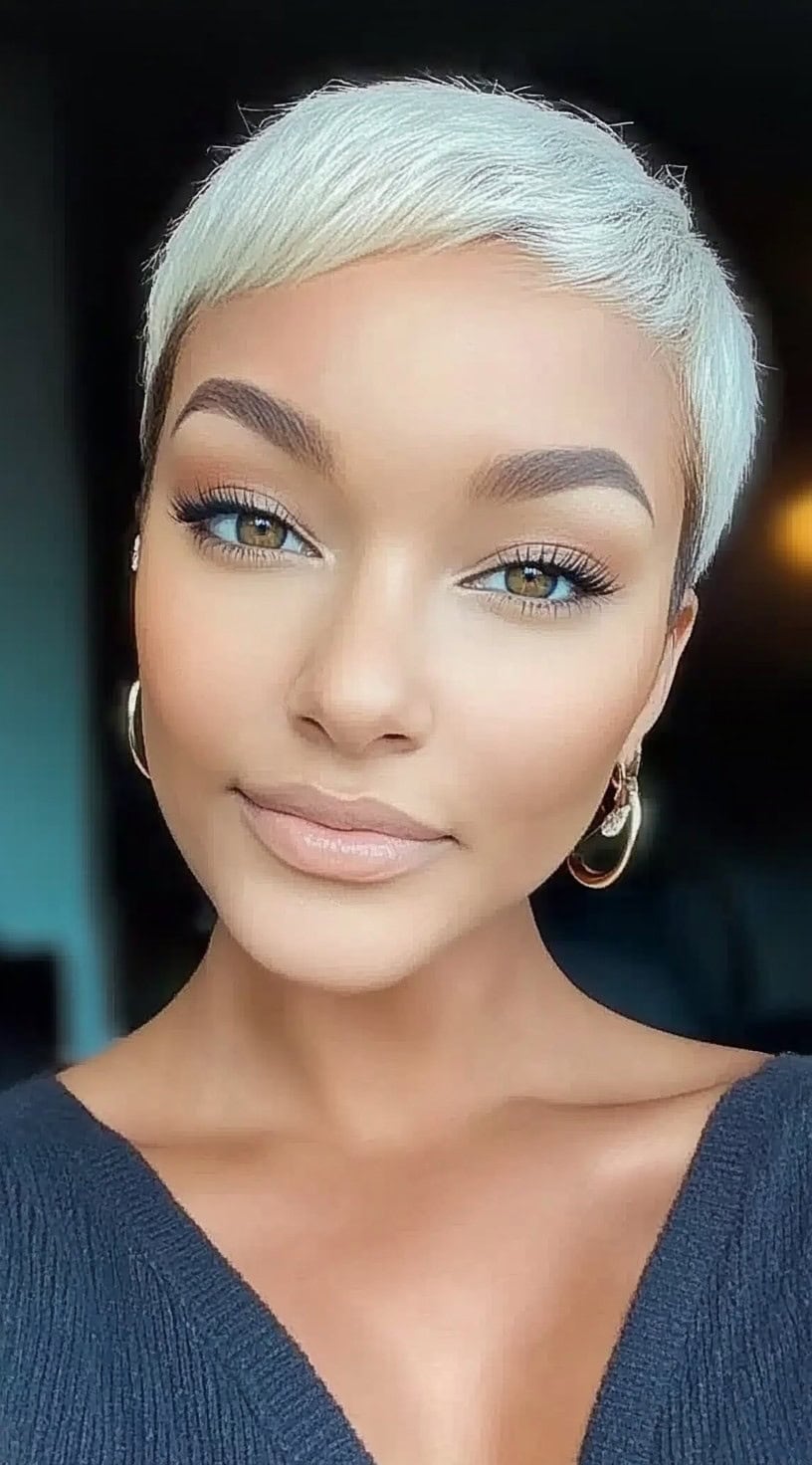 Uma mulher com uma pixie loira macia e um afastamento sutil, sorrindo em iluminação interior macia.