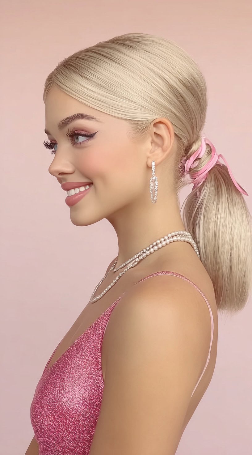 Um elegante rabo de cavalo baixo com peças dianteiras varridas lateral e uma fita rosa enrolada na base, estilizada com brincos de pérolas e uma blusa rosa brilhante.