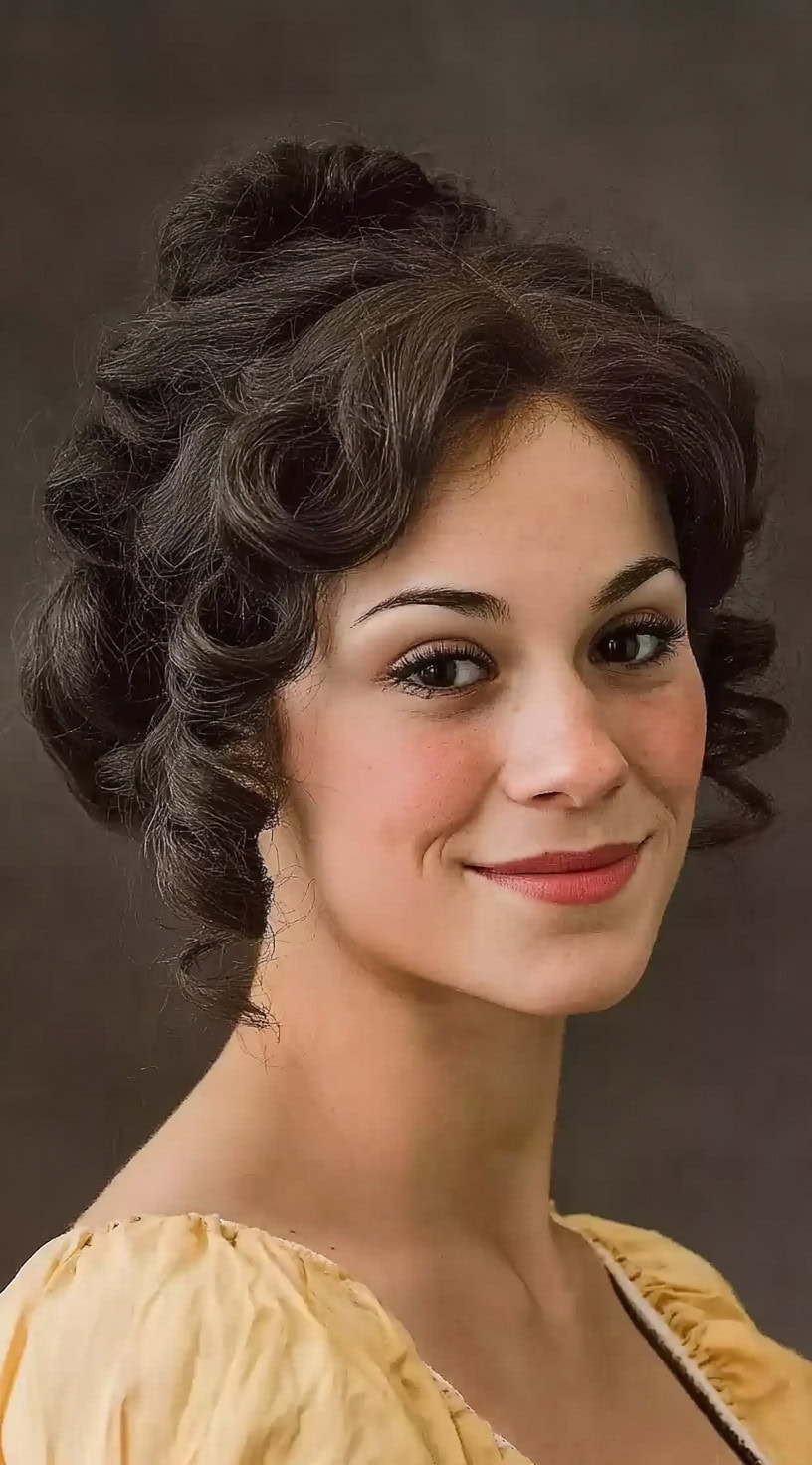 Mulher sorridente com cabelos escuros estilizados em um volumoso updo vitoriano com grandes cachos de barril.