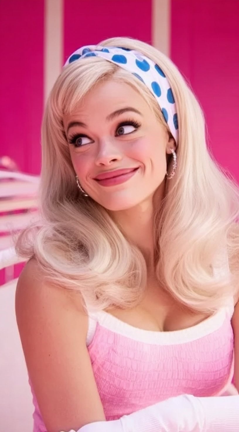 Uma mulher com cachos vintage saltitantes e um estilo volumoso, acessório com uma faixa de cabeça de bolinhas azul e branca e roupa rosa.