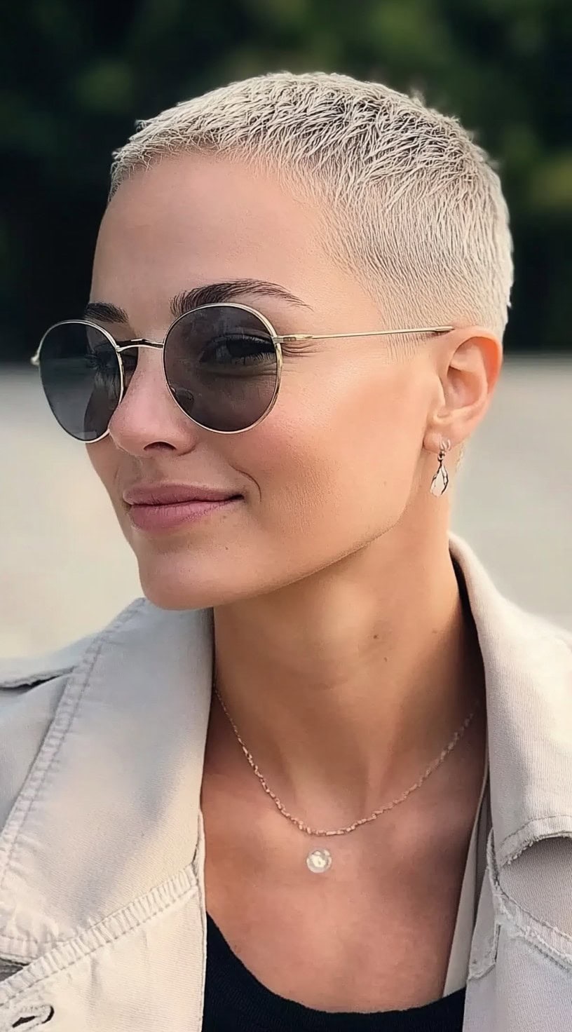 Uma mulher com um corte de cabelo de platina bem zumbido e um desbotamento macio, usando óculos de sol de aviadores e um casaco neutro.