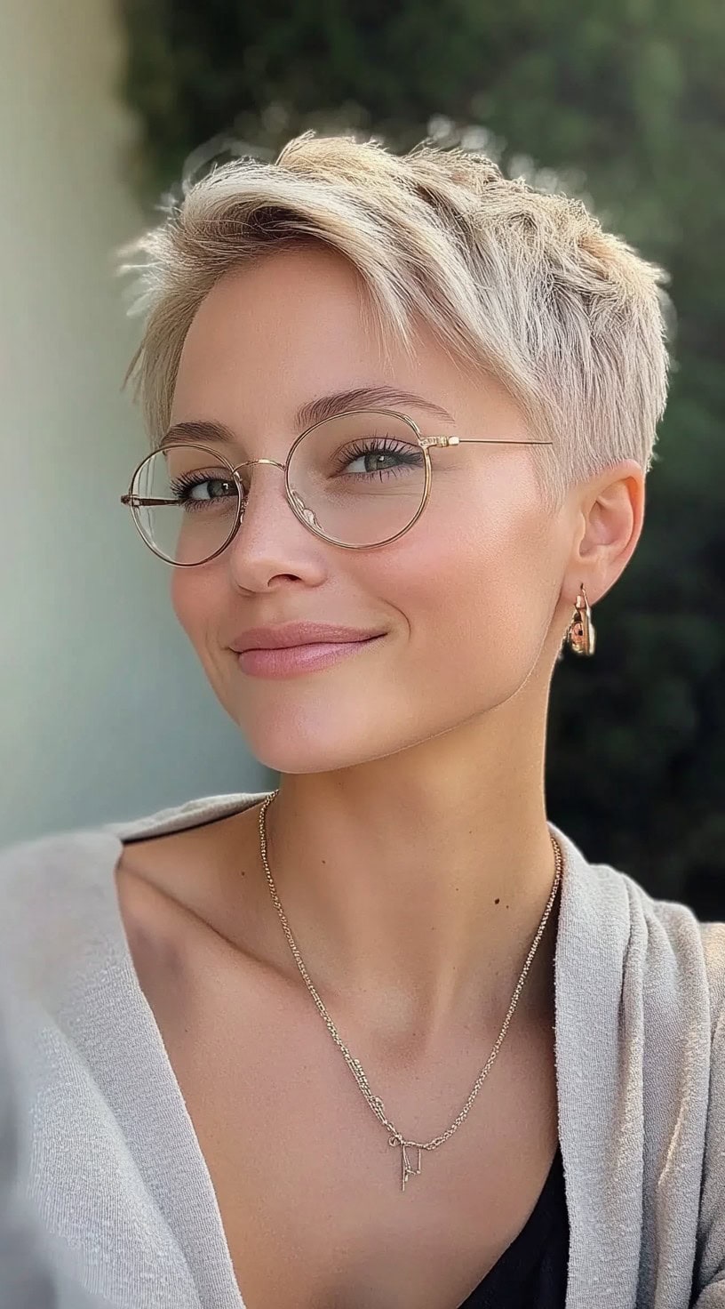 Um corte loiro de pixie com um volume suave na coroa, lados raspados e camadas levemente despenteadas por cima usadas com óculos.