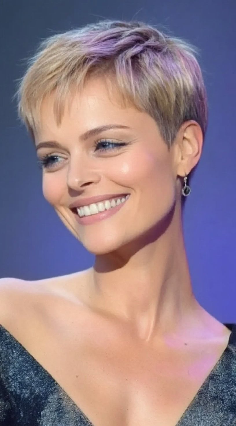 Uma mulher com uma pixie loira macia com uma pitada de lavanda e camadas agitadas, sorrindo no palco.