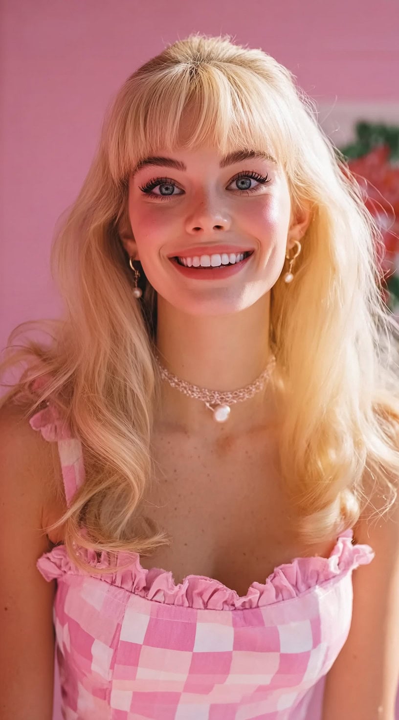 Uma mulher com cachos loiros longos e macios e franja curta e fiel, vestindo um vestido rosa e acessórios de pérolas.