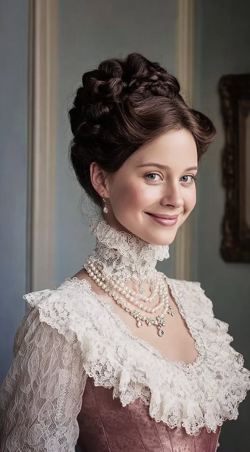 Mulher sorridente em um vestido de renda vitoriana com cabelos estilizados em uma coroa trançada e cachos cheios presos na cabeça.