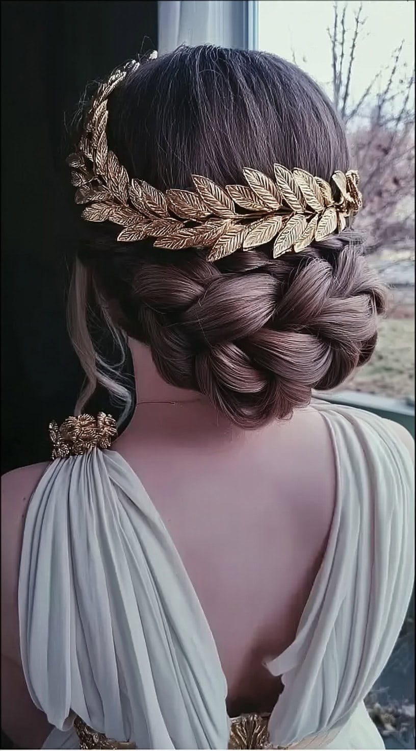 Vista traseira de uma mulher com um bolo de halo de grosso e uma grande coroa de folhas douradas.