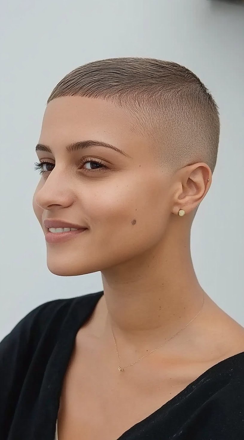 Uma mulher com um pixie cortado em zumbido e lados da pele, sorrindo levemente enquanto volta de lado.