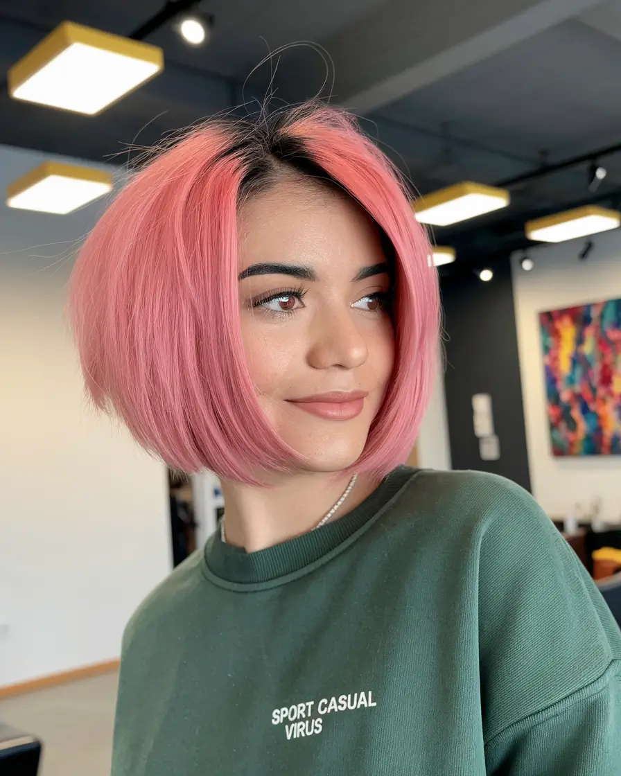 Cortes de cabelo chiques no outono para 2025+bob rosa empilhado com volume e borda