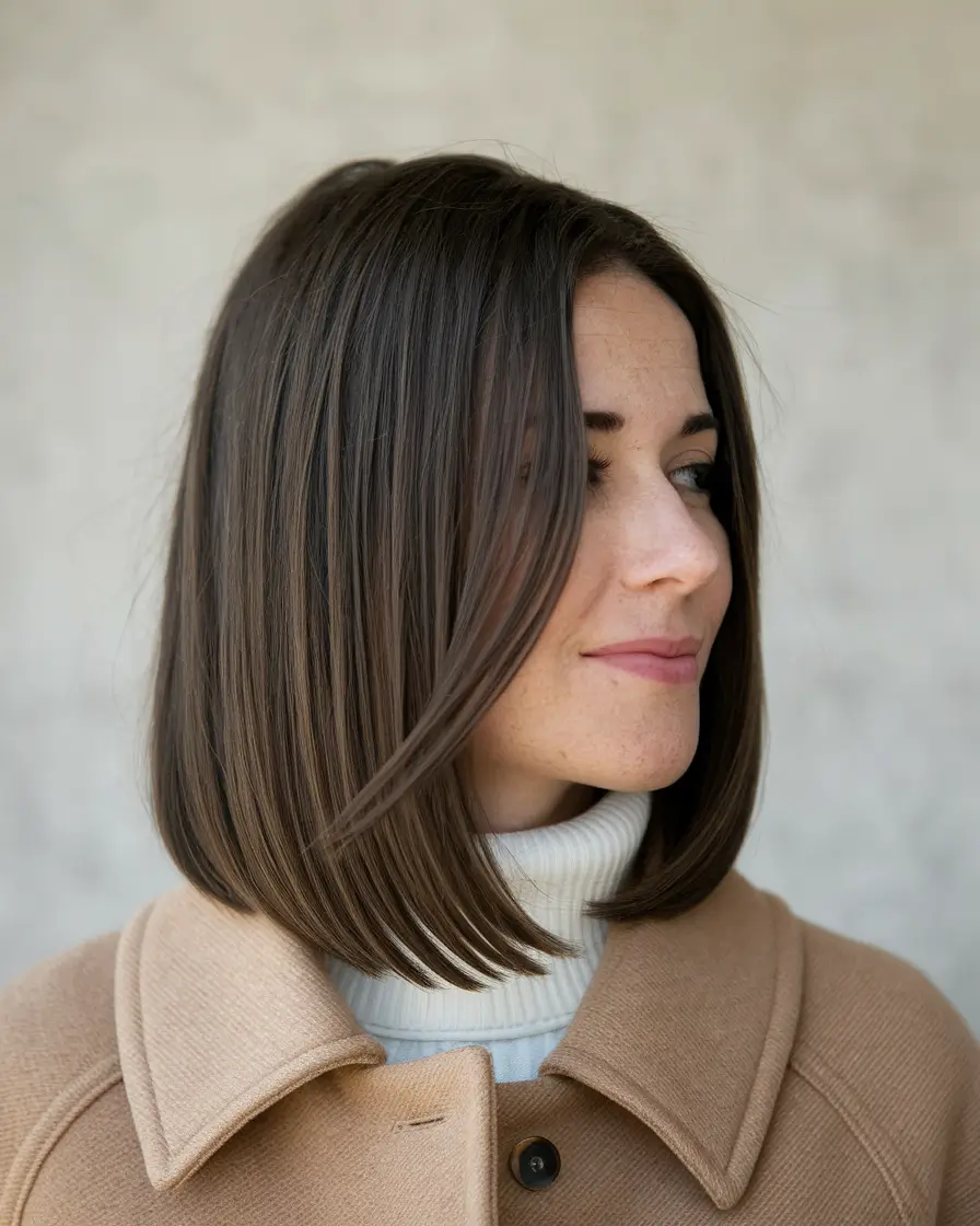 Cortes de cabelo chiques no outono para 2025+bob marrom clássico com volume natural
