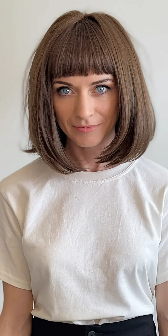 Fall Bob Haircut elegante e estruturado com franja contundente ousada