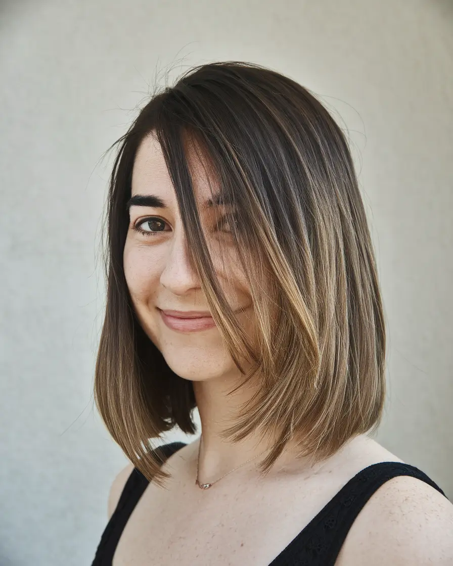 Corte de cabelo de queda de outono e camadas fáceis e balayage quente sutil