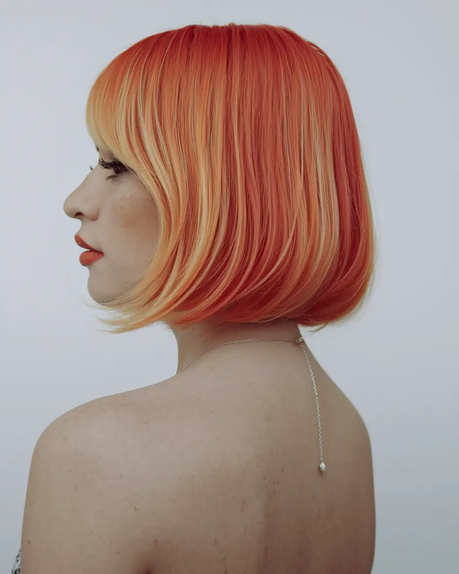 Cortes de cabelo chiques no outono para 2025+laranja ardente bob com pontas robustas e franja gradiente