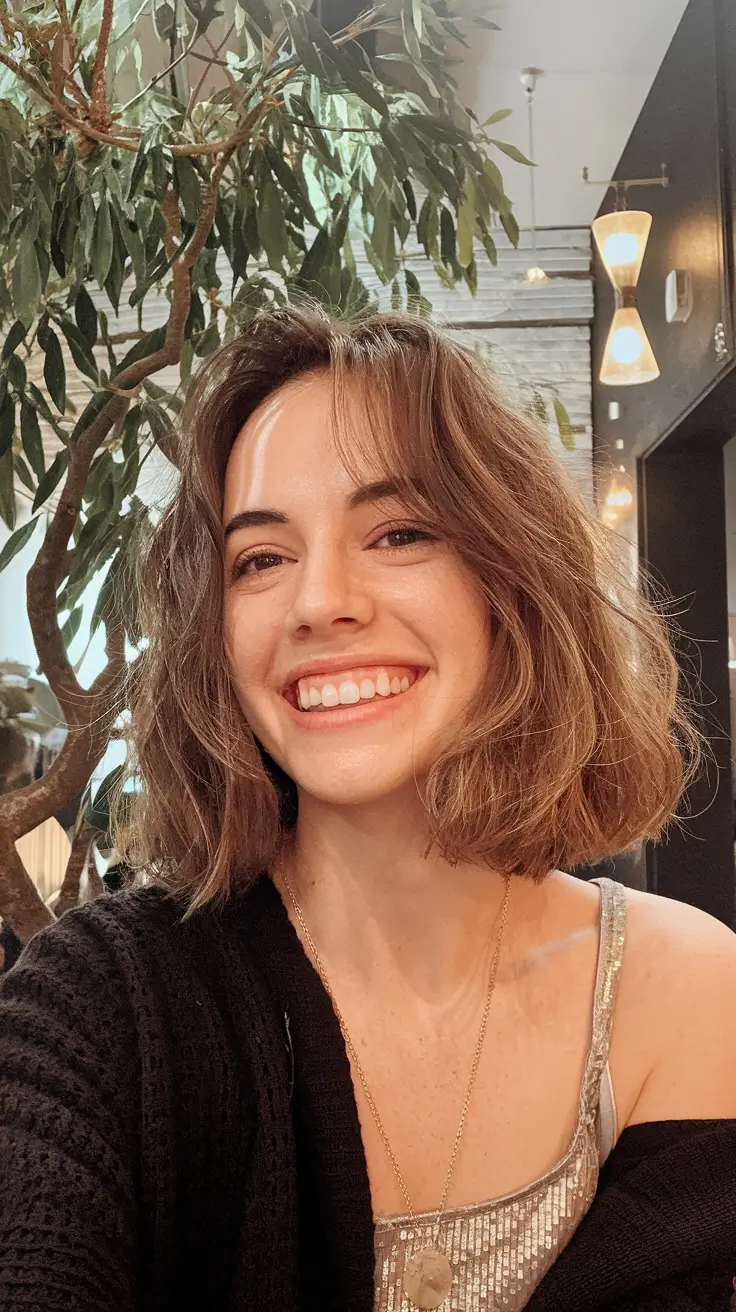 Cortes de cabelo chiques no outono para 2025+morena texturizada bob com ondas naturais