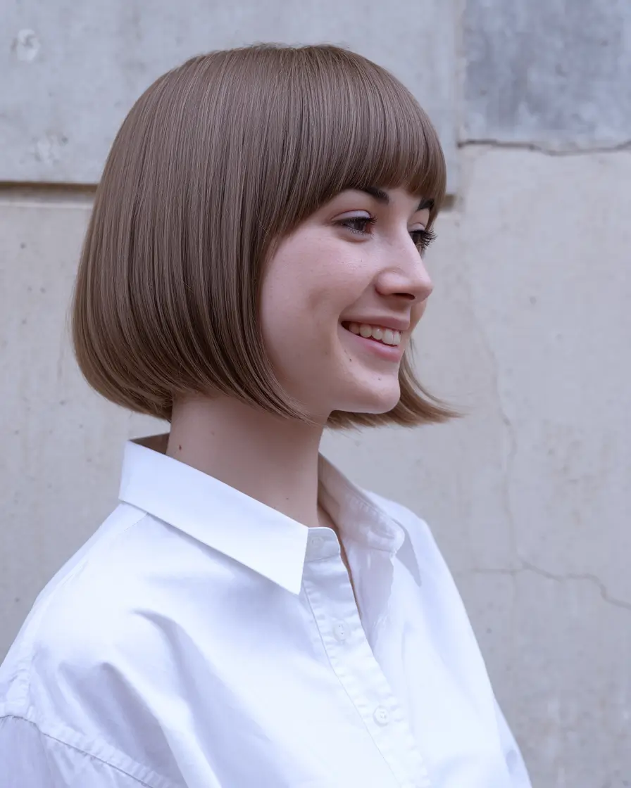 Cortes de cabelo chiques no outono para 2025+Bob arredondado clássico com franja bebê e cor marrom taupe
