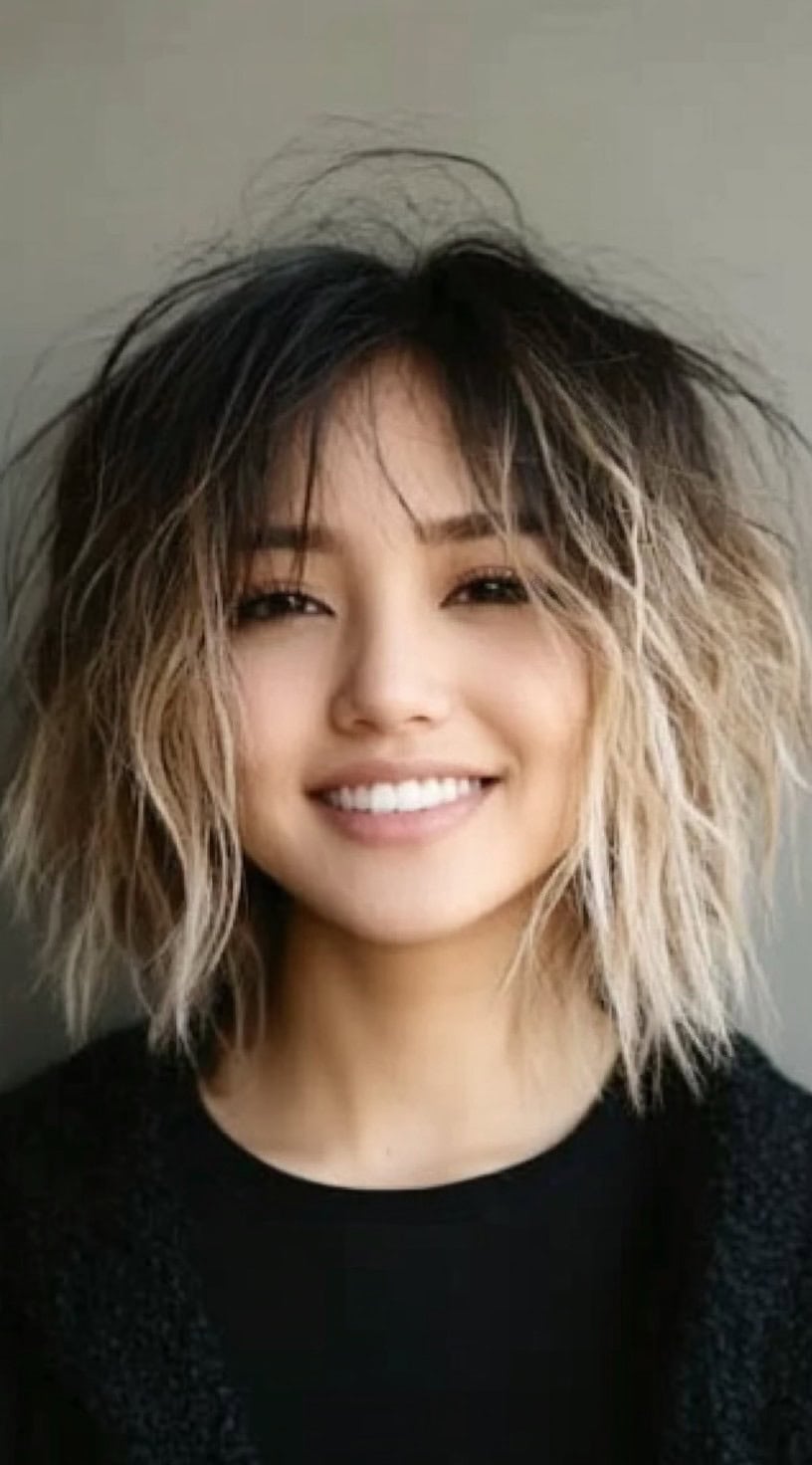 Uma mulher com um shag agitado estilizado com ondas despenteadas e raízes escuras que desaparecem em extremidades loiras geladas.