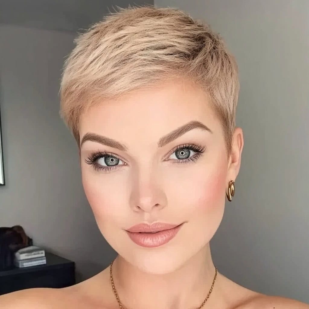 Uma mulher com um corte de pixie cônico, loiro-teado, vestindo aros dourados e maquiagem neutra.