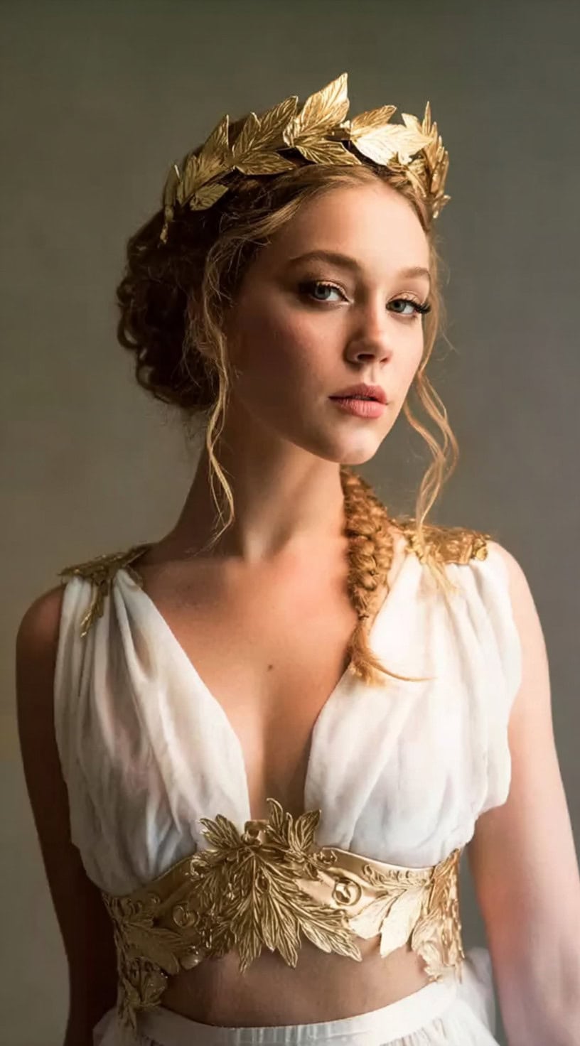 Imagem voltada para a frente de uma mulher com uma trança da coroa, ondas soltas e uma faixa de louro dourada.
