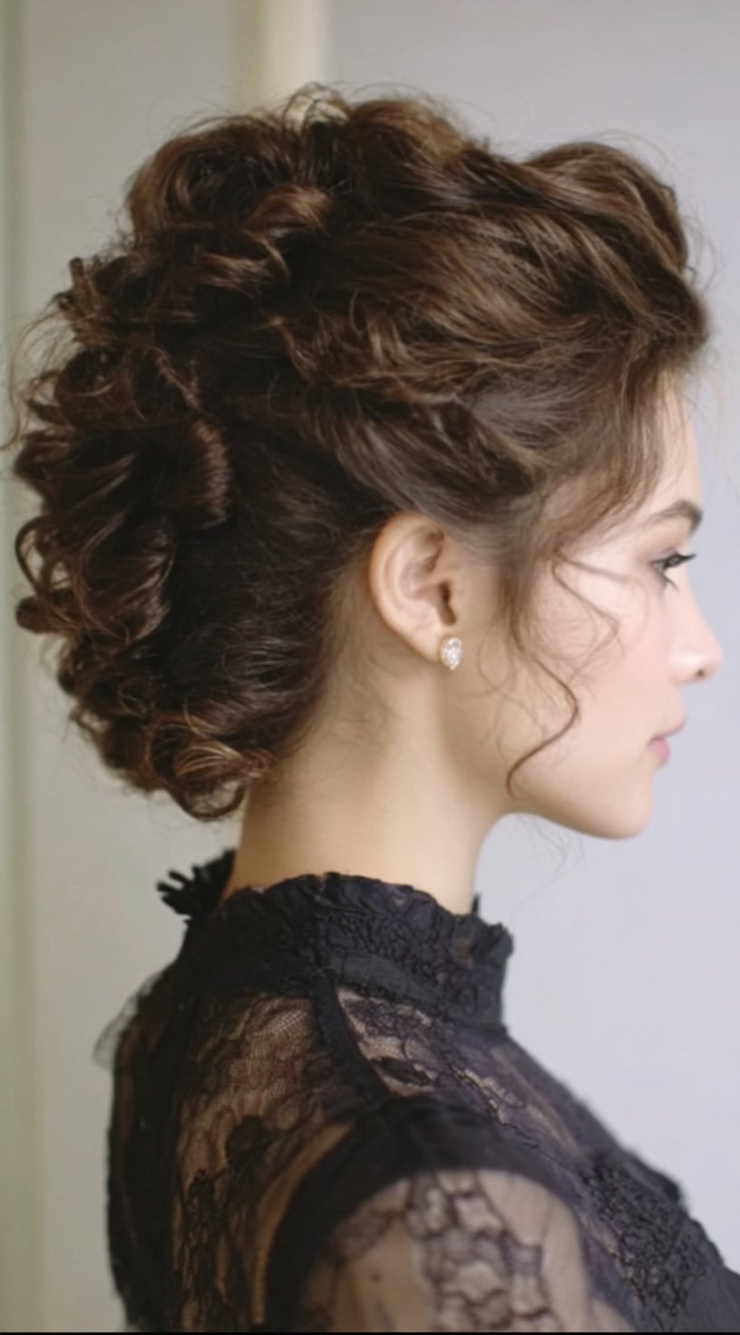 Vista de perfil de uma mulher com vestido de renda preta com cabelo estilizado em um updo vitoriano inspirado em mohawk.