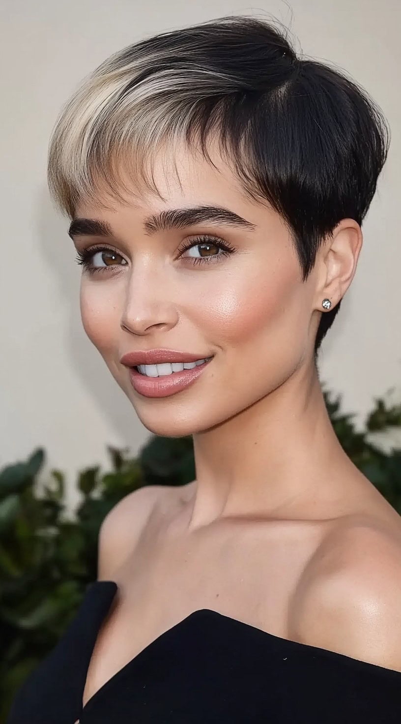 Uma mulher com um elegante corte de pixie preto e franja loira platina está sorrindo com confiança em um top preto fora do ombro.