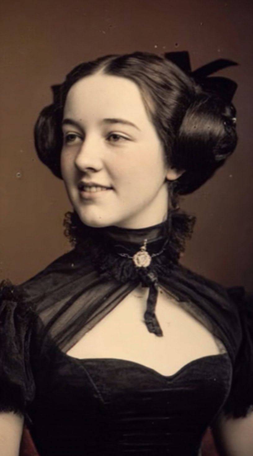 Mulher jovem com cabelos escuros brilhantes em loops laterais elegantes, acentuados com fita preta nas costas.