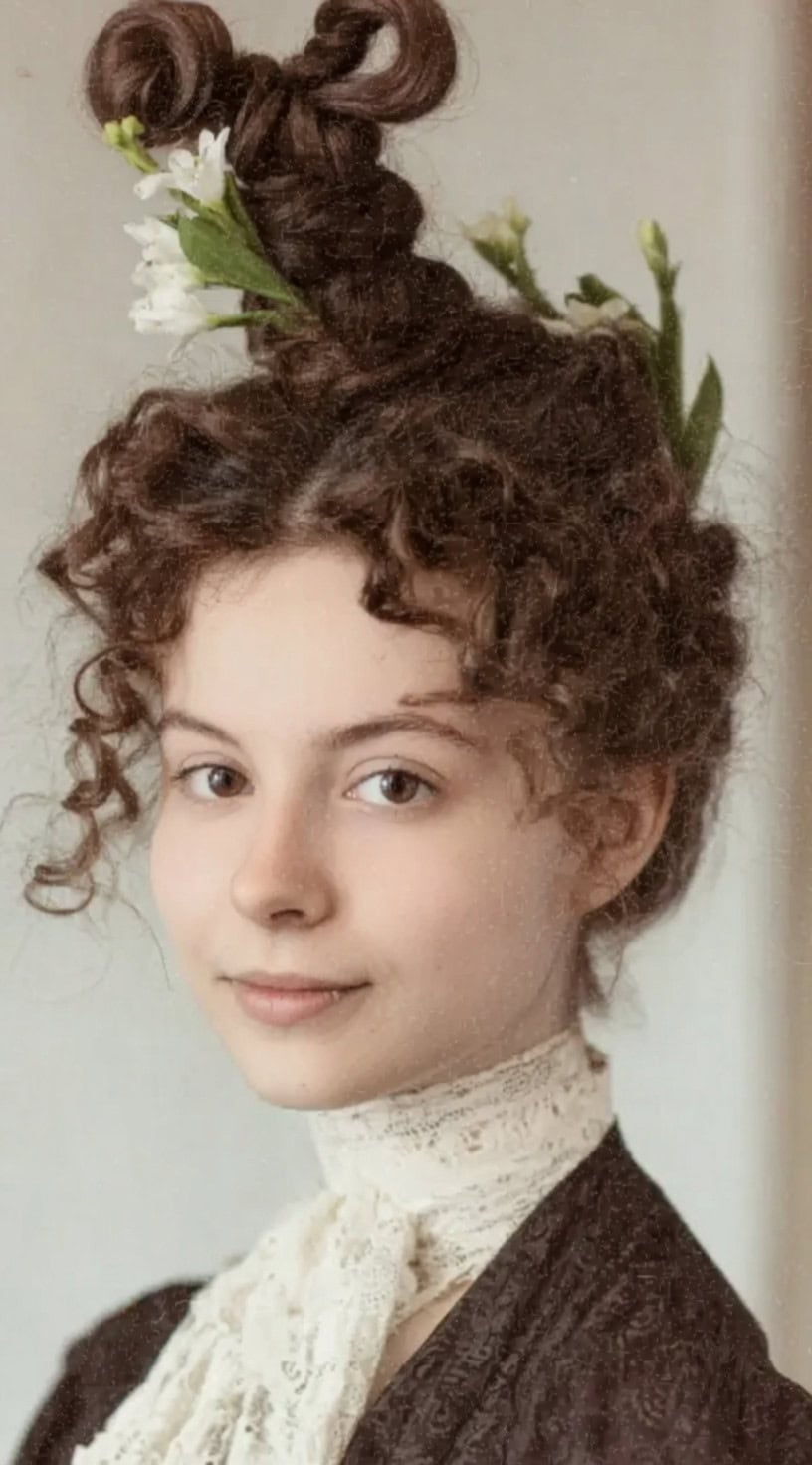 Mulher jovem com cabelos encaracolados estilizados, adornado com flores brancas e detalhes mais altos.