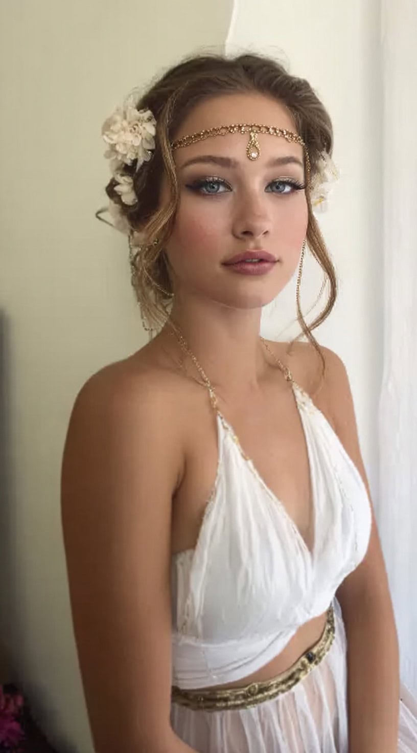 Imagem voltada para a frente de uma mulher com um pão baixo, peças laterais, detalhes em flores e uma corrente de ouro que abraça a testa.