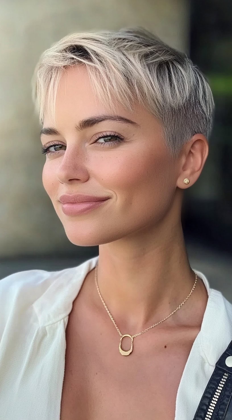 Uma mulher com uma pixie de platina brilhante e camadas despenteadas sorri com confiança enquanto usava um colar de ouro.