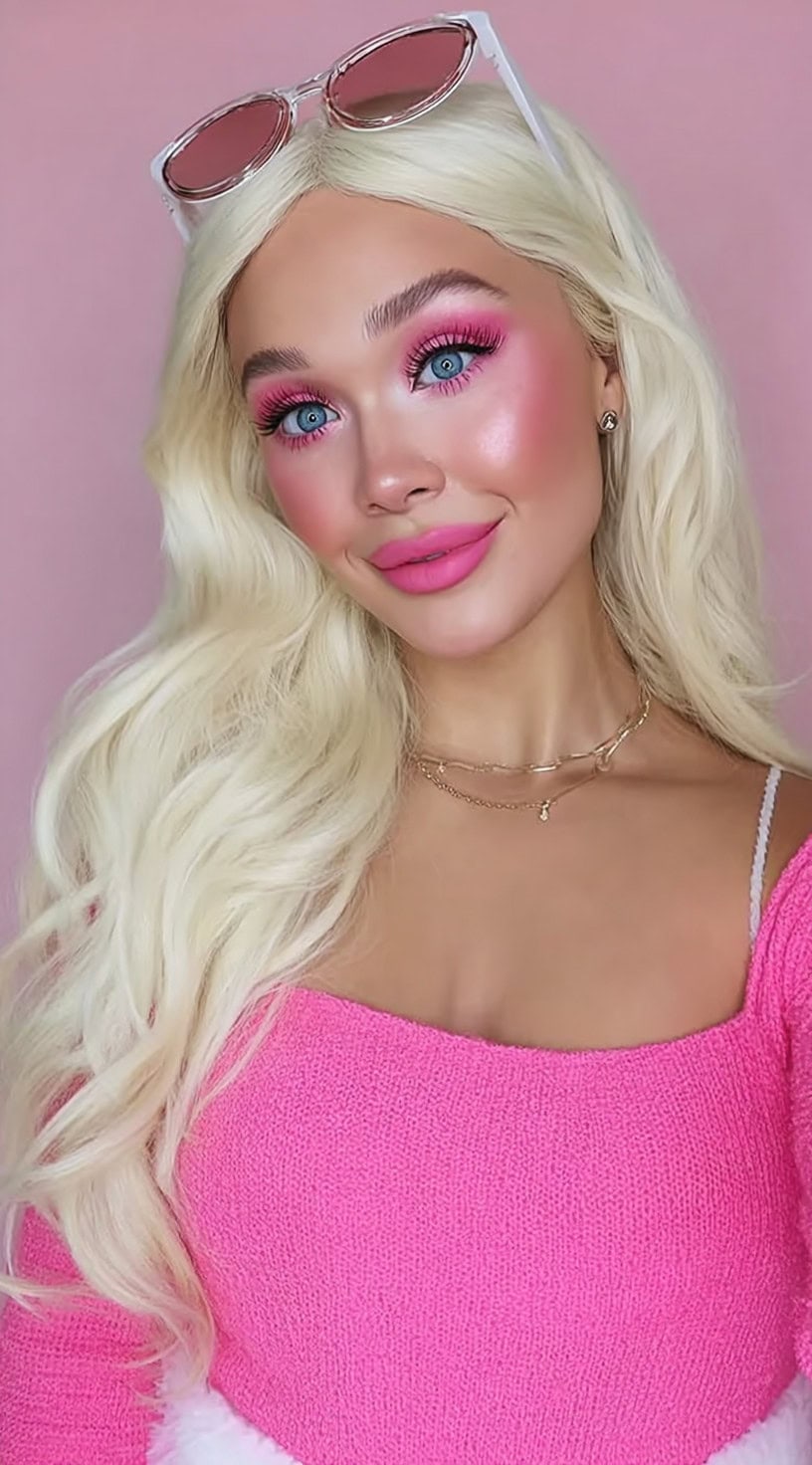 Uma mulher com cabelos loiros platinados estilizados em ondas longas e fluidas, usando sombra e batom de olho rosa ousado, com óculos de sol rosa empoleirados em sua cabeça.