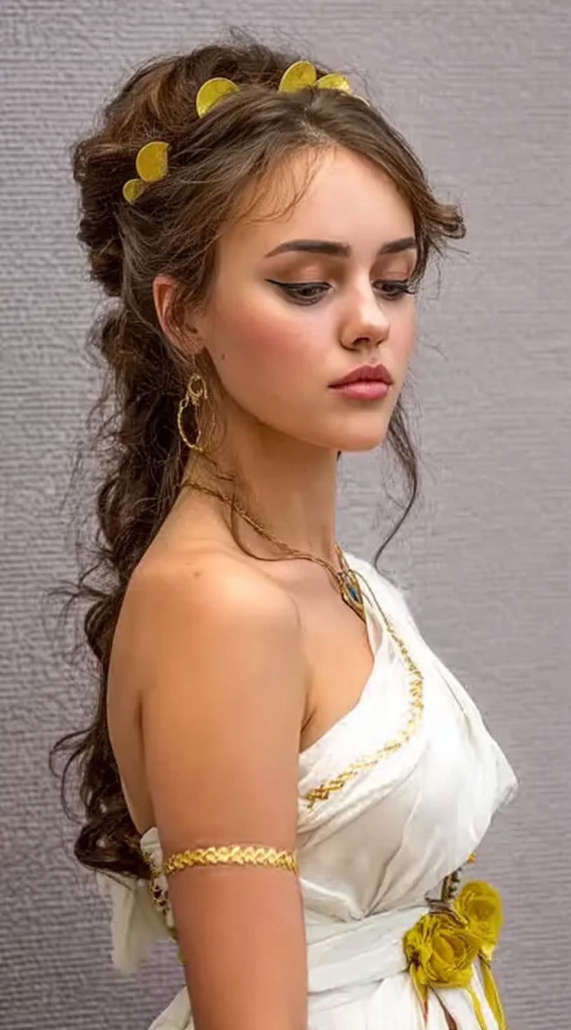 Perfil lateral de uma mulher com um volumoso rabo de cavalo de meia-up estilizado em cachos, coberto com uma faixa de ouro circular.