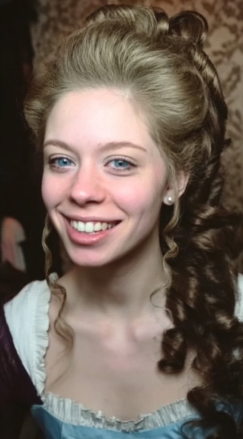 Mulher sorridente com cabelos loiros estilizados em um pompadour vitoriano alto e longos cachos em cascata sobre os ombros.