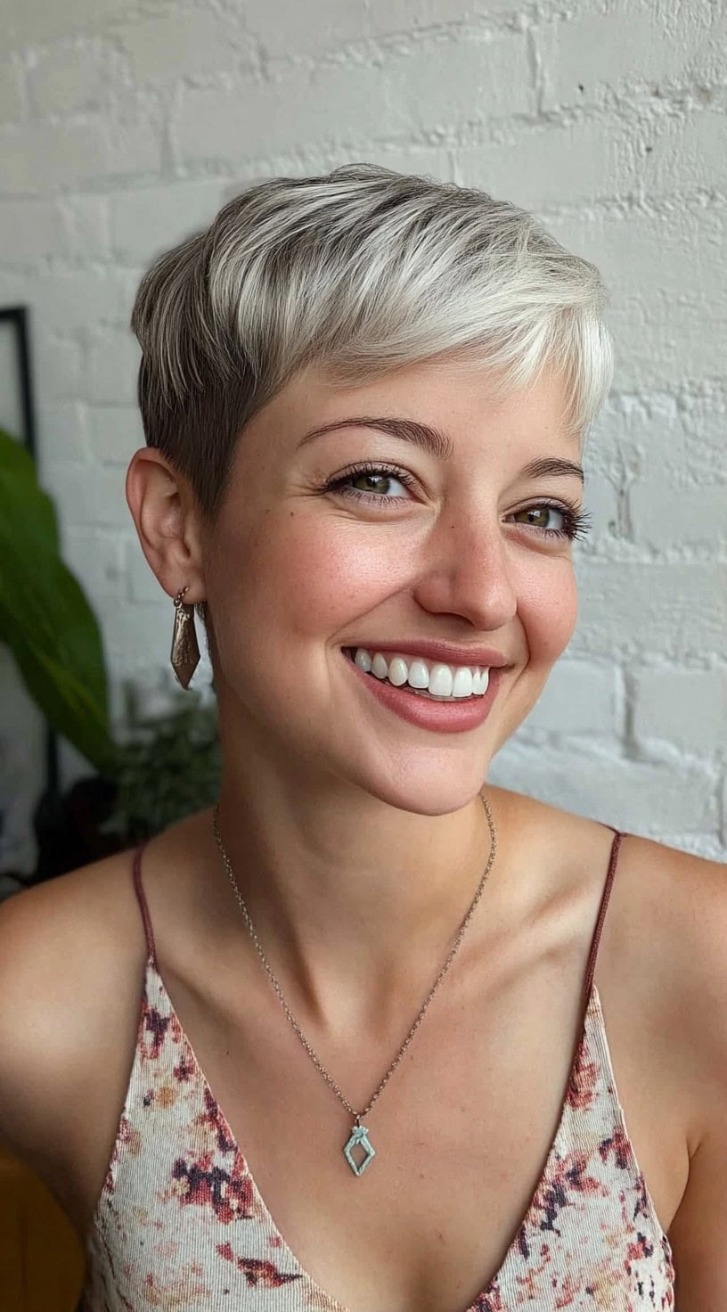 Uma mulher com um corte de pixie de loiro gelado cortado e camadas escuras, sorrindo na frente de uma parede de tijolos brancos.