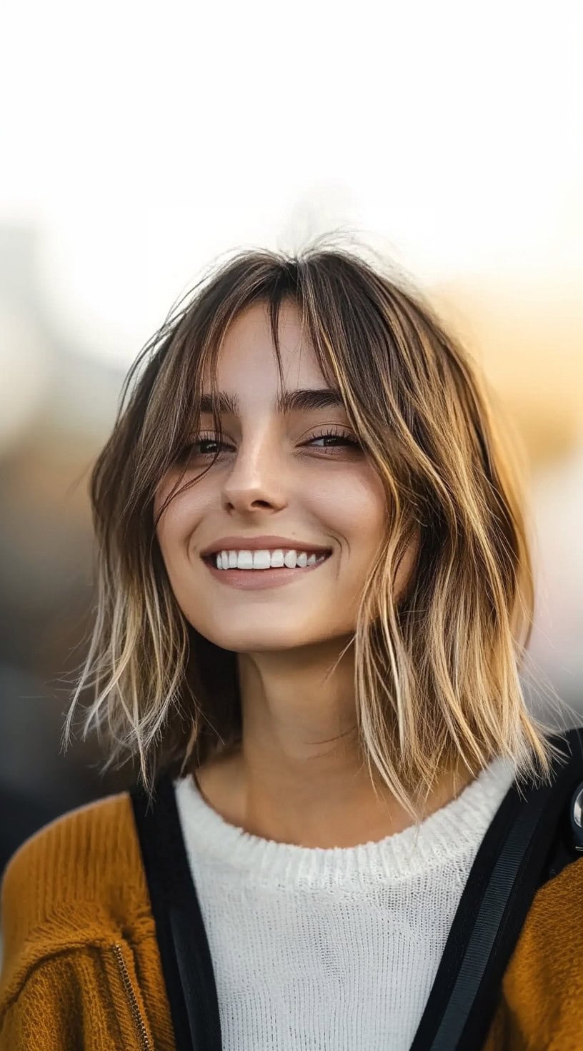 Uma mulher sorridente com um bob médio com camadas soltas e destaques suaves para morena a loiro por toda parte.
