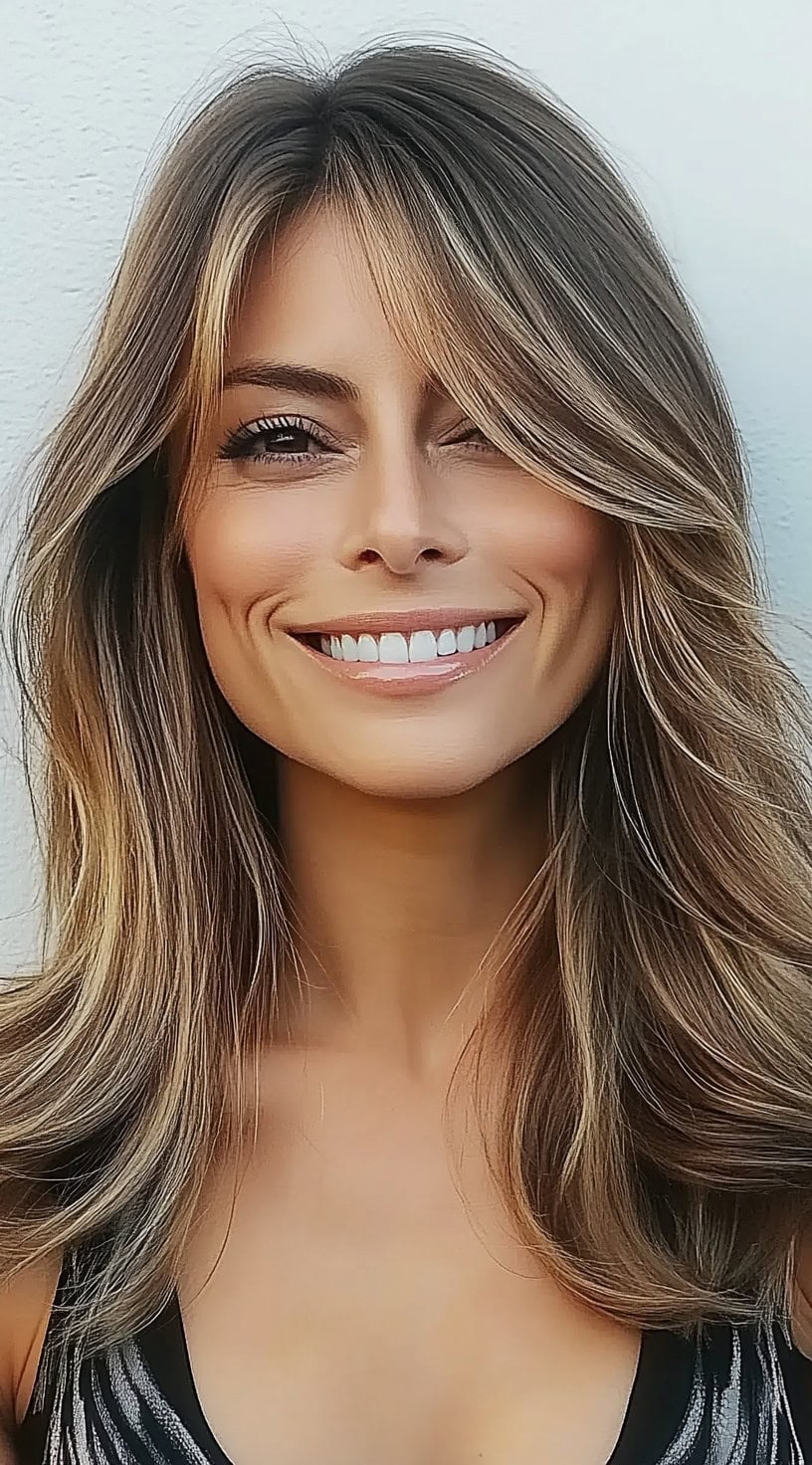 Um corte de cabelo volumoso em camadas com franja deslumbrante e penas claras, estilizada com muito corpo e salto.