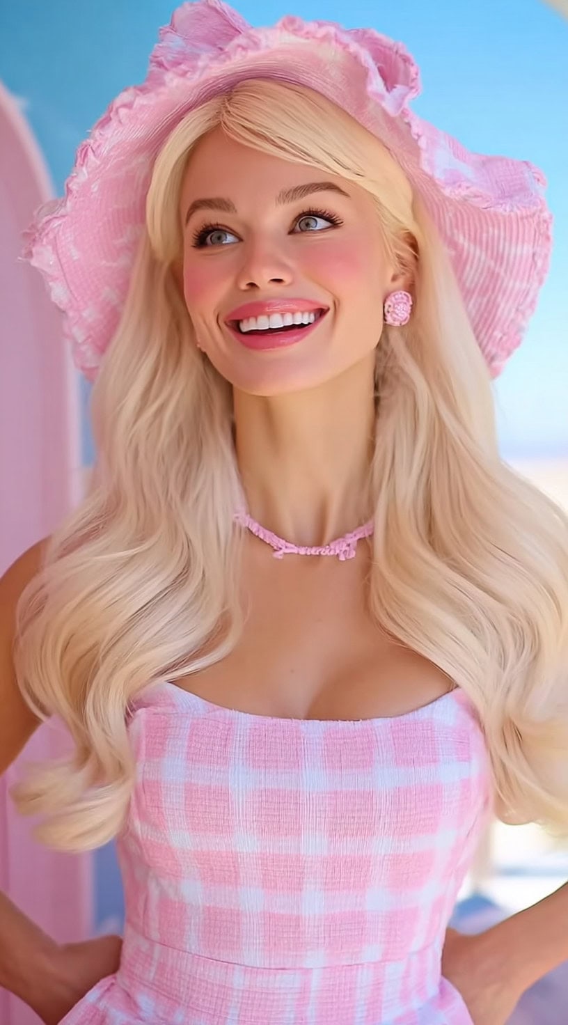 Uma mulher com ondas loiras longas e macias usando um vestido rosa de guingão e um chapéu de sol desgastado, sorrindo intensamente.