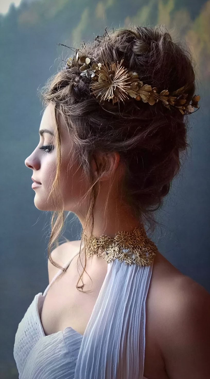 Perfil lateral de uma mulher com uma trança de coroa bagunçada e detalhes florais dourados naturais presos ao longo da trança.