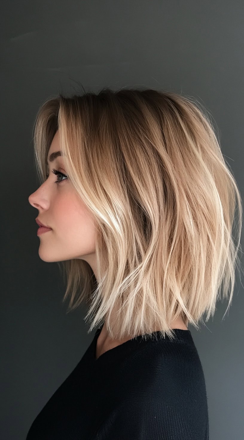 Um perfil lateral de um bob desgrenhado de comprimento médio com cor loira arenosa e camadas de penas e penas estilizadas com corpo natural.