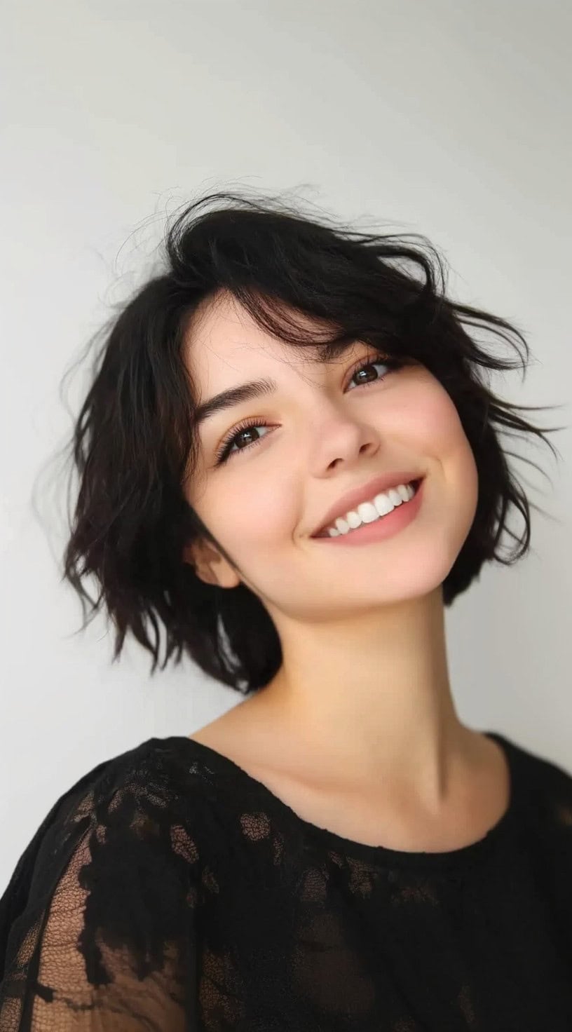 Uma mulher com um bob curto e despenteado estilizado em ondas soltas e bagunçadas e uma margem fino.