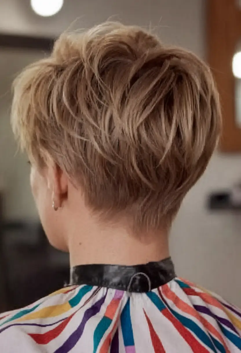 Idéias de cores de cabelo empilhadas com camadas de pixie com cônjuge nape