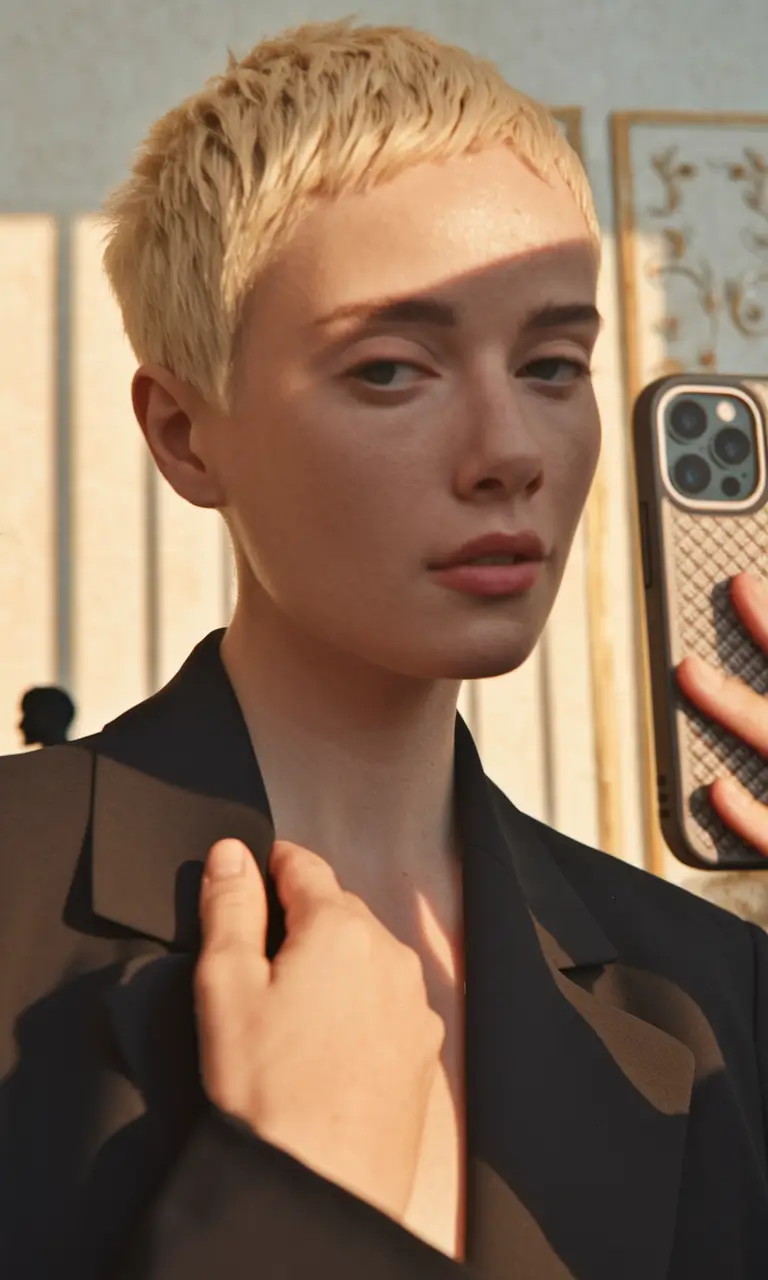 Corte de cabelo pixie para colheita loira minimalista de outono para vestir de poder