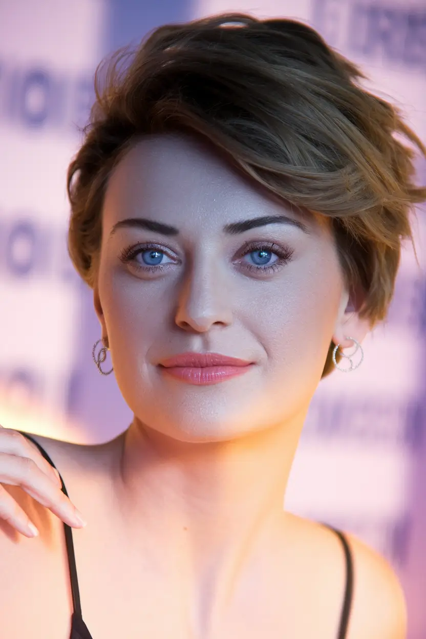 Corte de cabelo pixie para a assimetria sem esforço de outono com calor arenoso