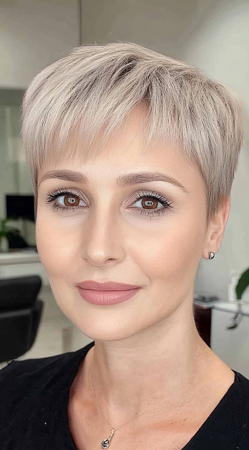 Uma mulher com uma pixie de cinzas de pérolas e micro marge, sorrindo suavemente em um ambiente de salão.