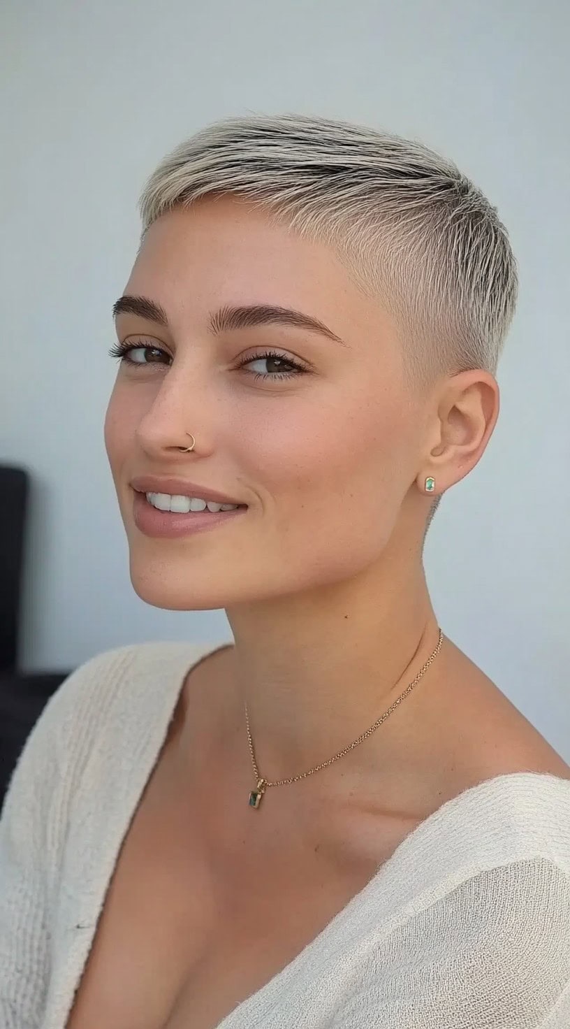Uma mulher com um buzz loiro de platina corte e desbotamento macio, sorrindo suavemente enquanto usava um suéter creme.