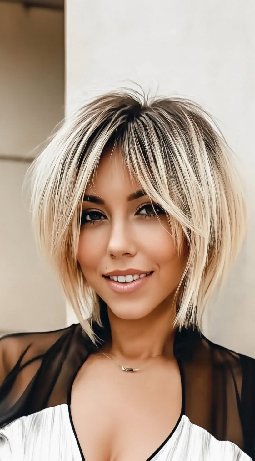 Uma mulher com um bob desgrenhado de platina, com franja em cortinas em camadas e luzes baixas de alto contraste para aumentar a profundidade.