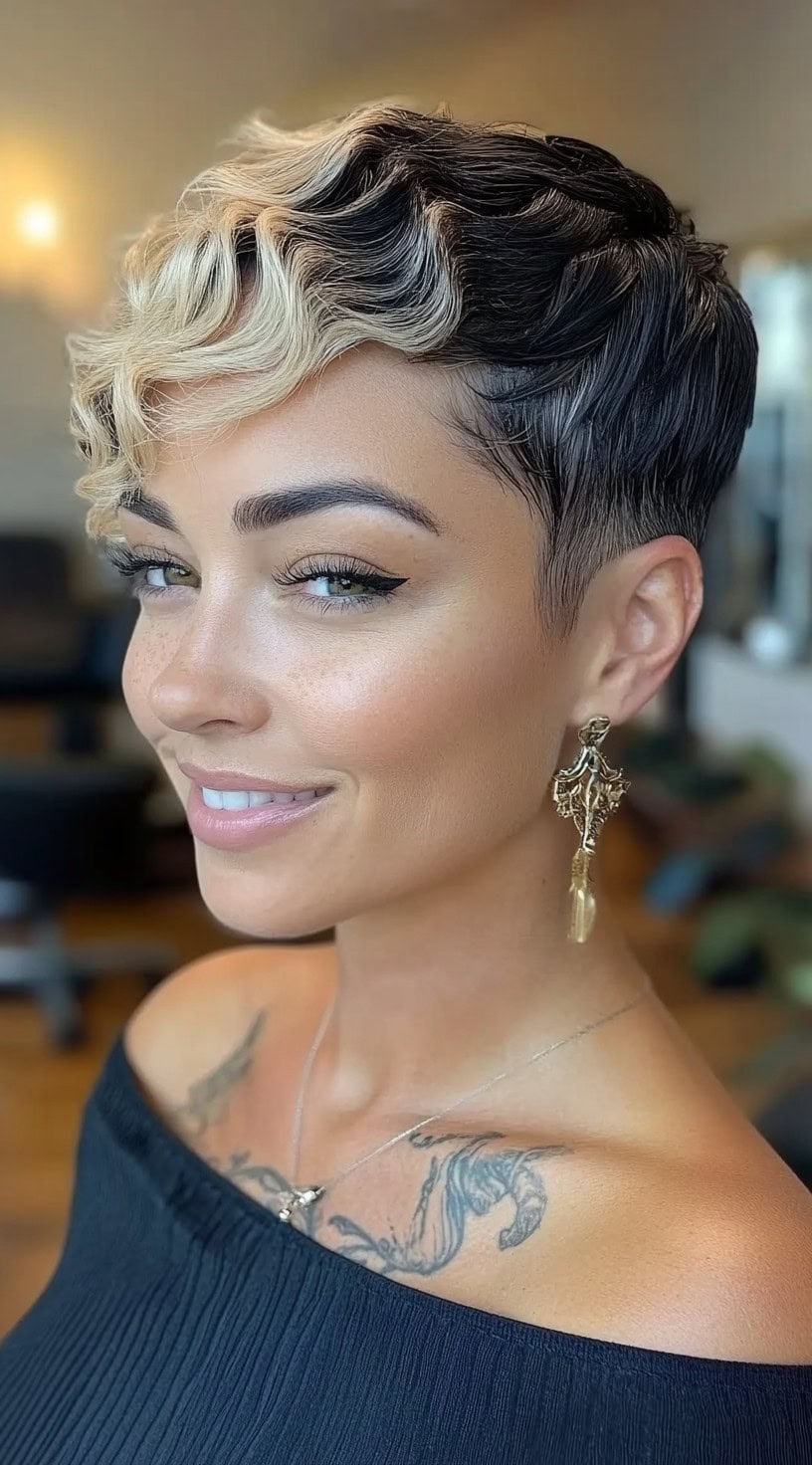 Uma mulher com um pixie cônico curto com ondas de dedos esculpidas em platina loira e preta.