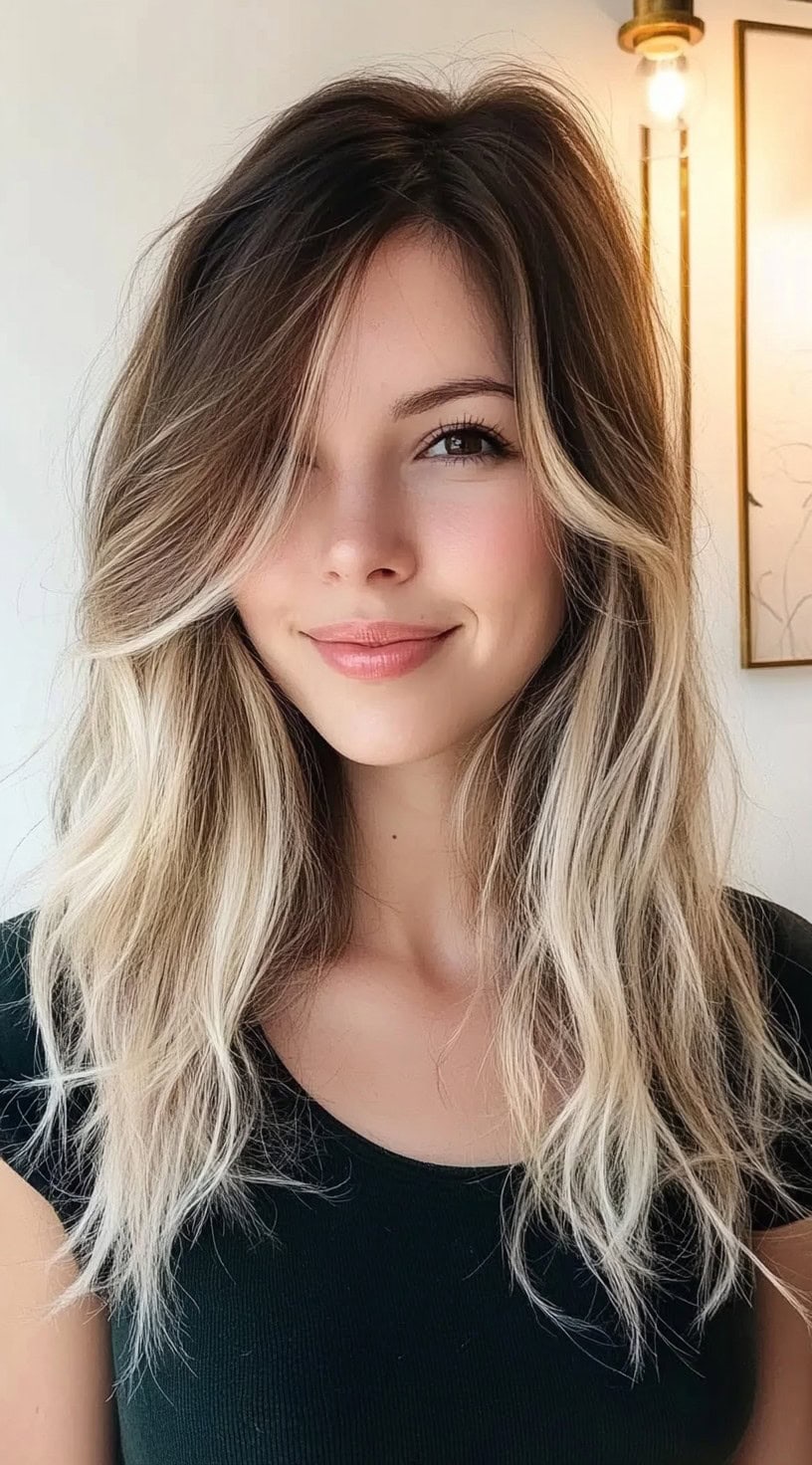 Um corte de cabelo em camadas longo com balayage loiro vivido e textura despenteada, estilizada em ondas naturais macias.