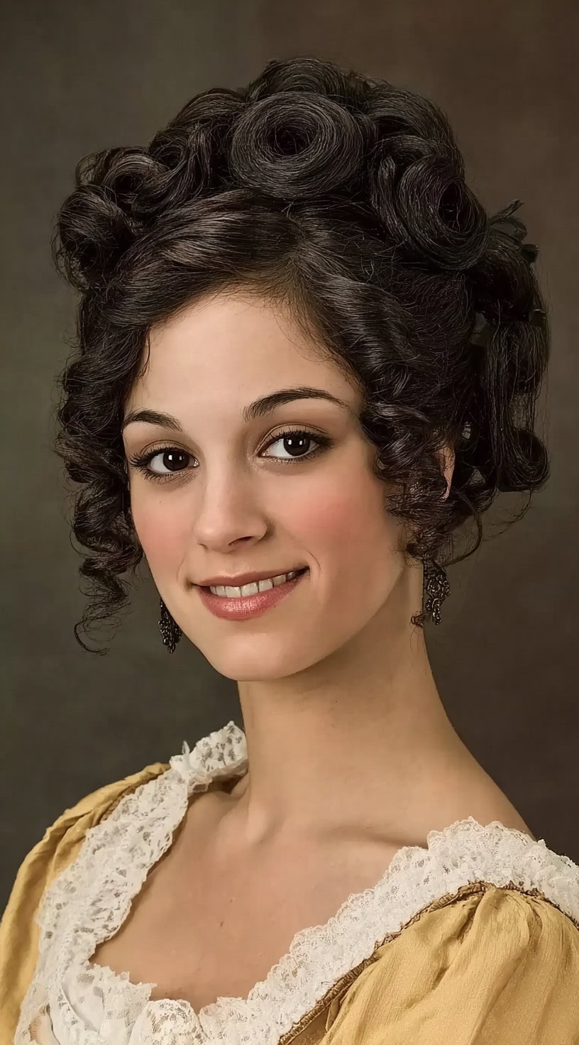 Mulher sorridente com cabelos escuros em um penteado vitoriano de cachos de barril estruturados e tendrilas de campo.